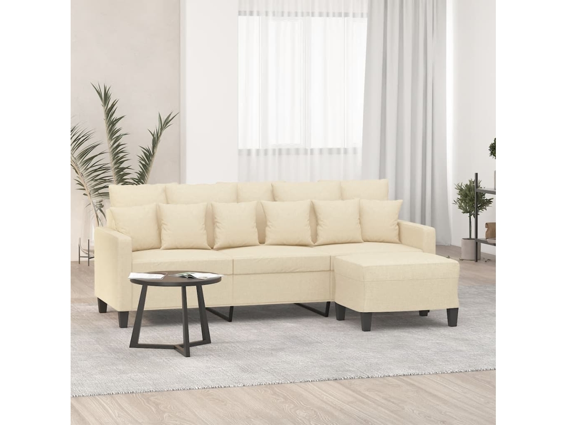 Sofá De 3 Plazas Con Taburete De Tela Crema 180 Cm