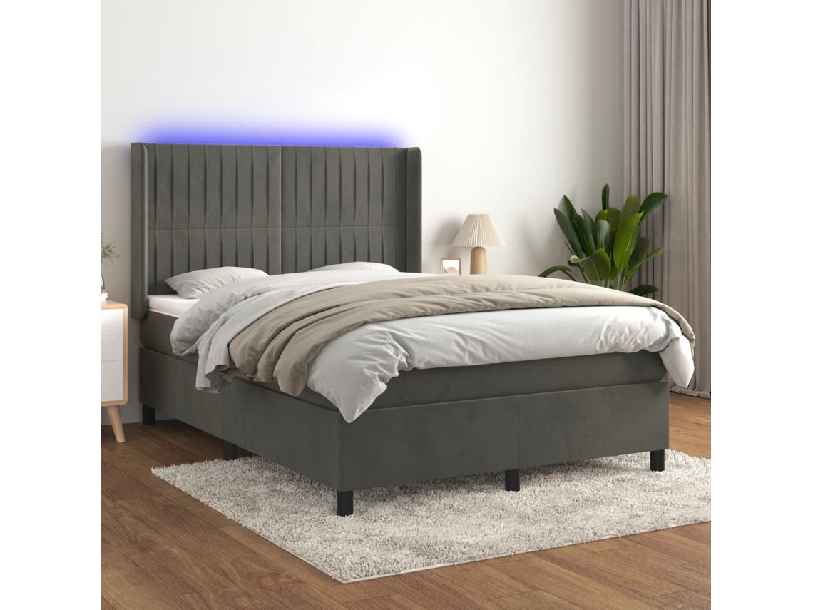 Cama Box Spring Colchón Y Led Terciopelo Gris Oscuro 140x200 Cm