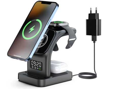 Estación de carga inalámbrica 5 en 1 de 15 W con despertador y luz nocturna, compatible con MagSafe iPhone 14/13/12, Apple Watch, Airpods (negro) C...