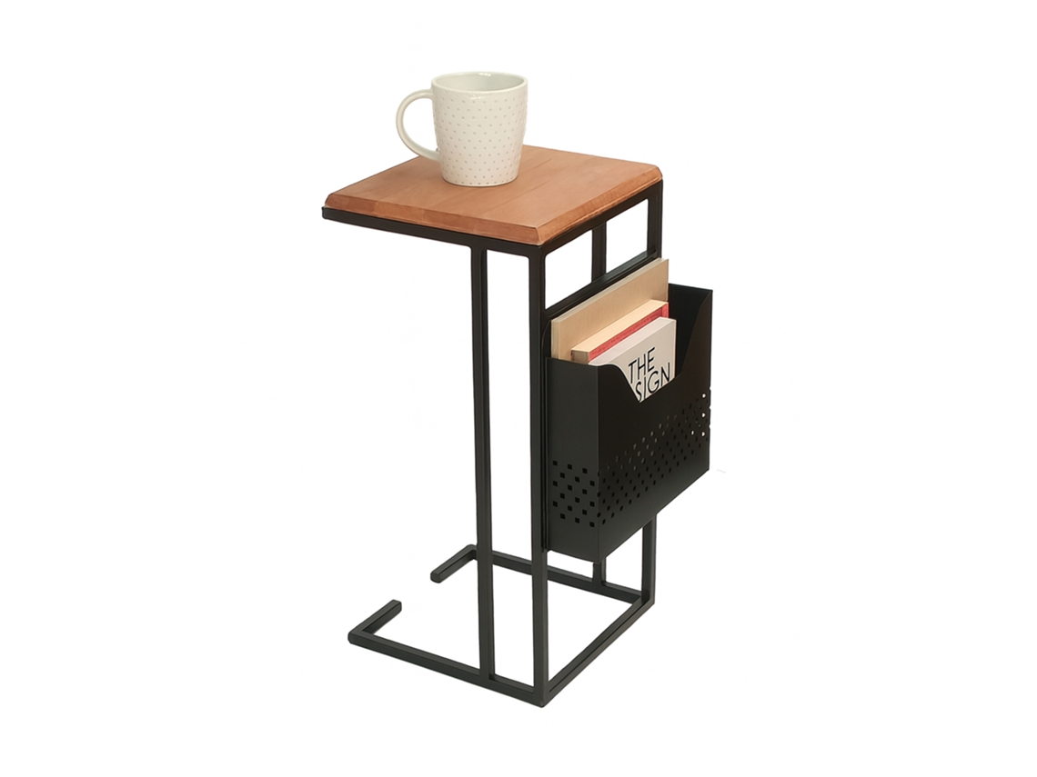 Mesa Auxiliar Relaxdays Con Revistero, Hbt: 63 X 30 X 37 Cm, Madera, Metal, Forma C, Diseño Industrial, Marrón/negro