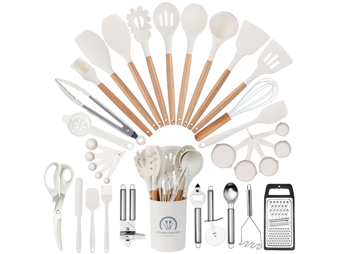 Juego de utensilios de cocina de 34 piezas de silicona resistente al calor con mango de madera - Blanco GERTIZ