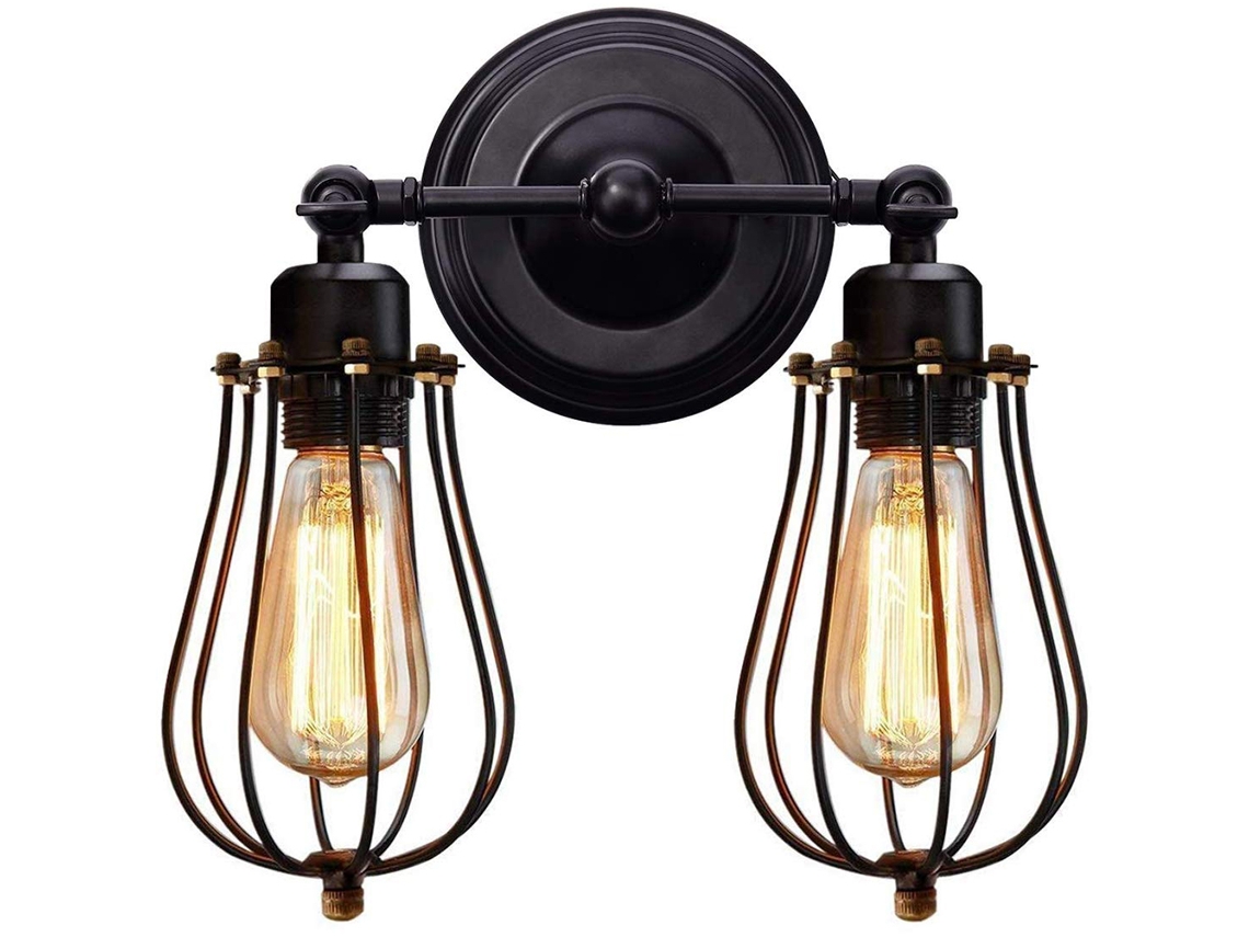 Lámpara de pared de estilo industrial vintage 2026 con jaula de hierro, aplique de doble cabezal.