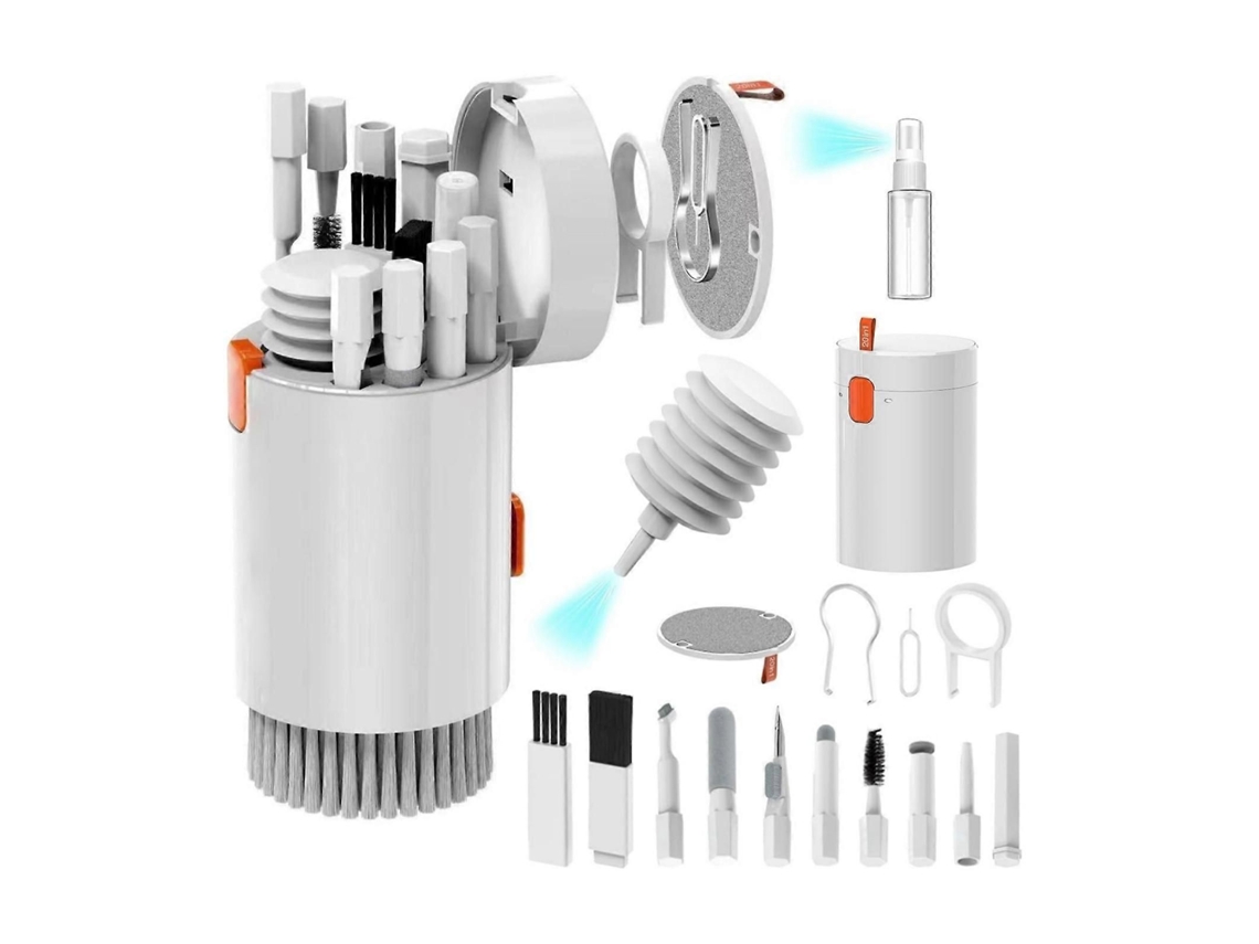 Kit multifuncional 20 en 1 para limpiar teclados, smartphones, tablets y más. Fácil de usar y transportar a cualquier lugar. Color blanco.