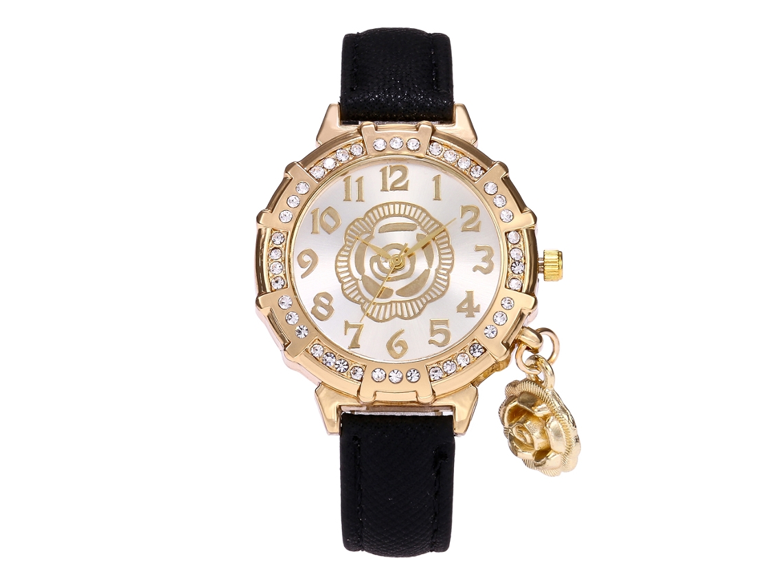 Pulsera De Reloj Para Mujer Con Colgante De Rosa En Aleación Y Diamantes De Imitación, Piel Sintética Negra.
