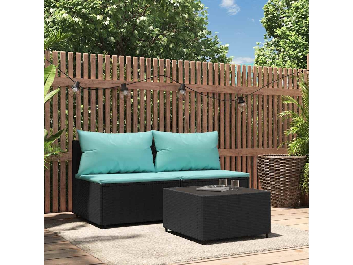 Conjunto de jardín de 3 piezas con cojines, mimbre sintético negro, DKD Home Decor