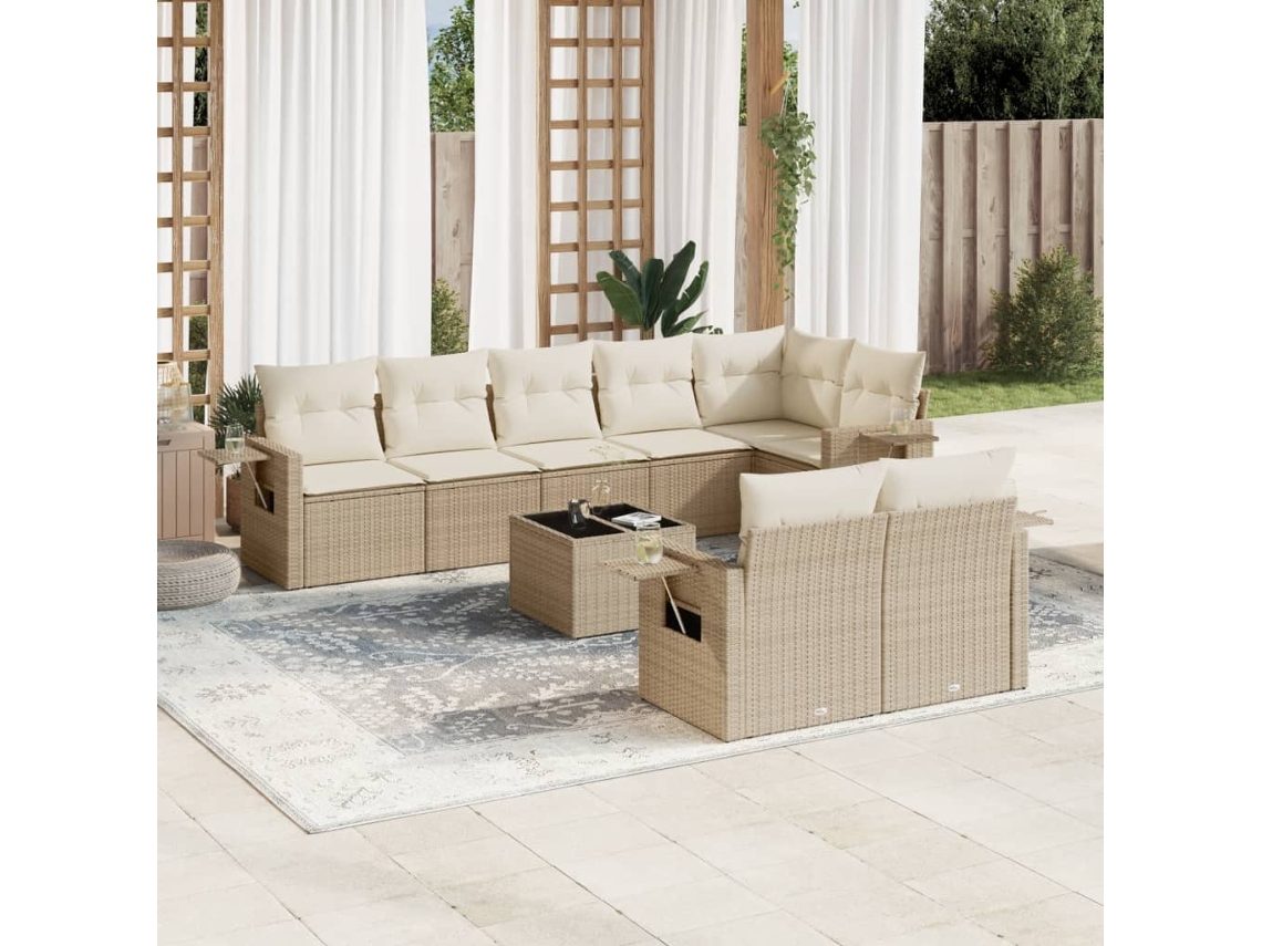 Conjunto de sofá de jardín de 9 piezas con cojines, mimbre sintético beige, Dkd Home Decor