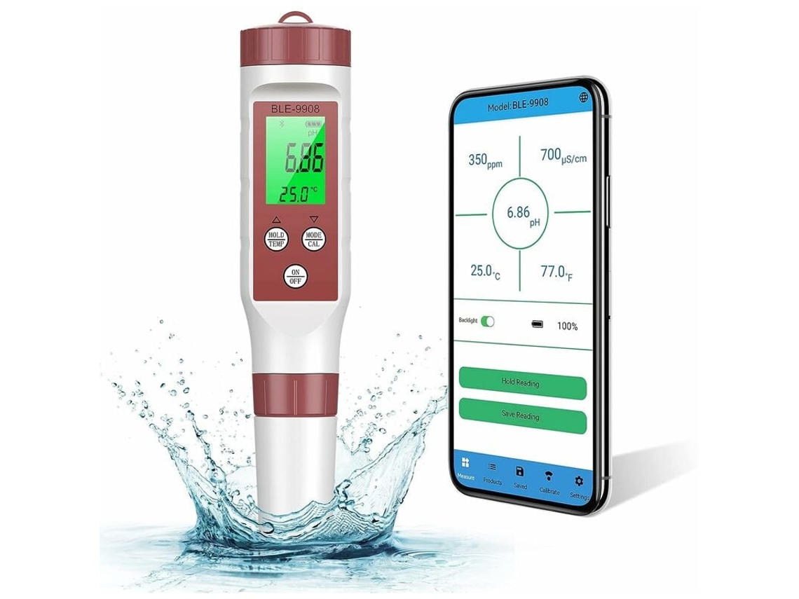 MEOIRUERY Medidor de pH Electrónico con Bluetooth 4.1, Probador de Calidad del Agua con ATC, TDS/CE/Temperatura/pH (precisión 0.01), Calibración Automática y Pa