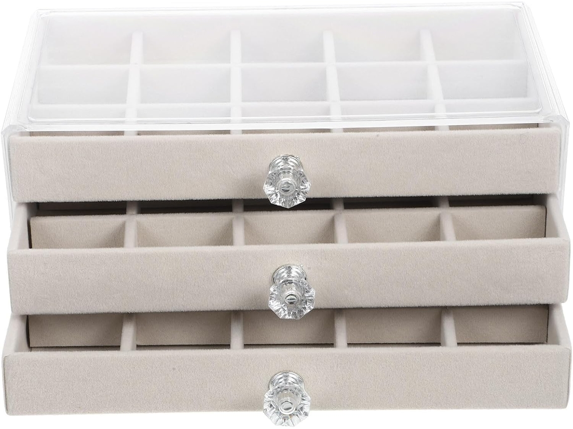 Organizadora Joyas Multifuncional 45 Compartimentos Plástico Beige Pendientes Relojes Hogar Oficina Caja Tapa