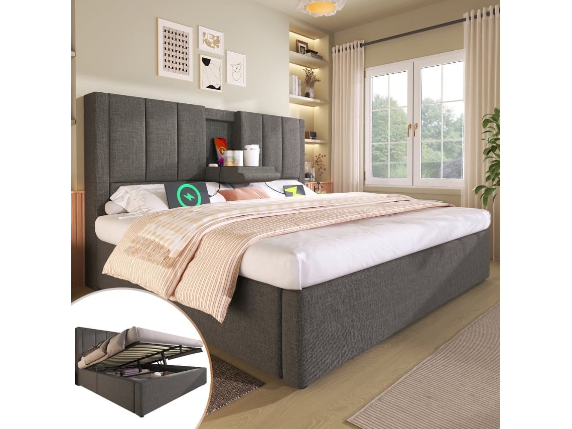 Cama Tapizada 140x200 Cm - Con Almacenamiento, Soporte Para Bebida Y Estación De Carga - Gris