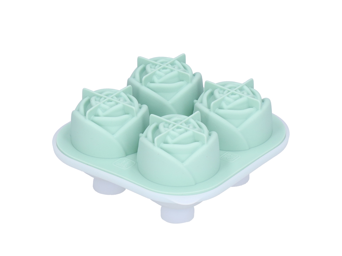 Bandeja De Silicona Para Cubitos De Hielo Con 4 Moldes En Forma De Rosa De Color Verde Claro Para Bar Y Cocina.