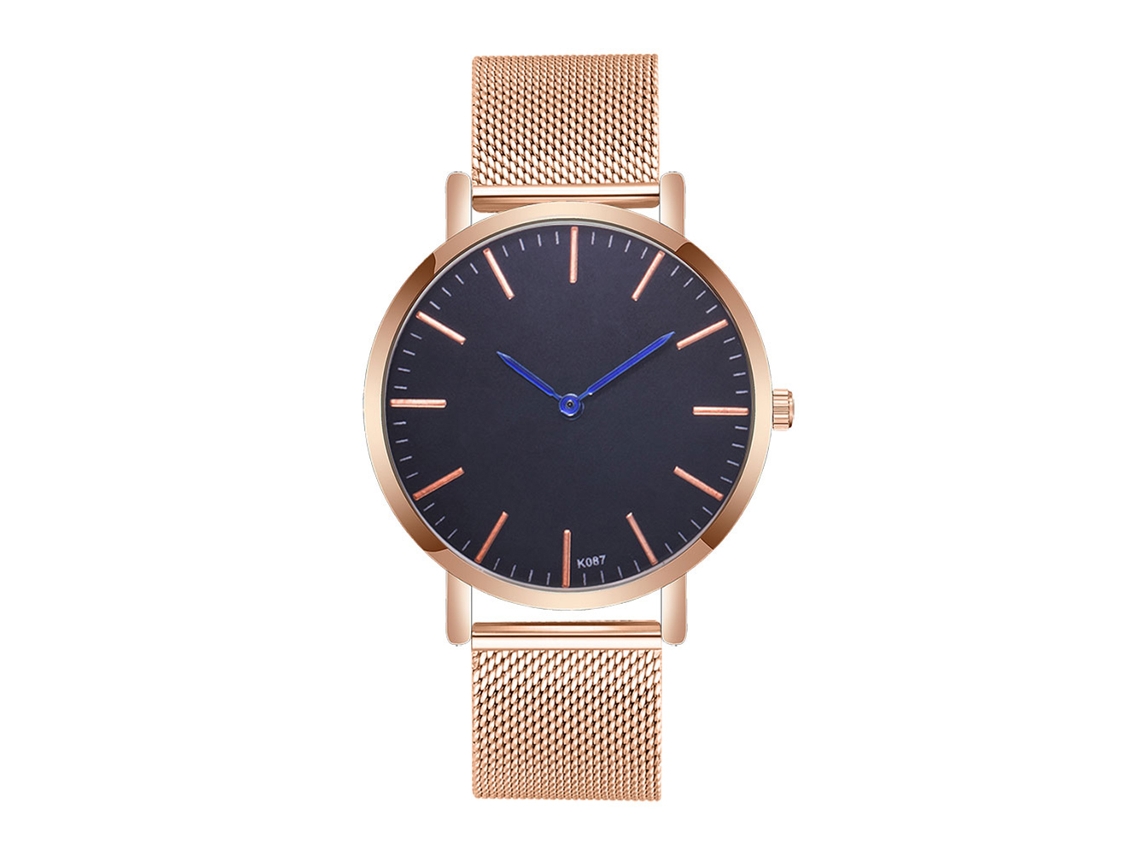 Reloj Casual De Cuarzo Para Hombre Con Correa De Malla De Aleación De Metal Oro Rosa Y Detalles Azules.