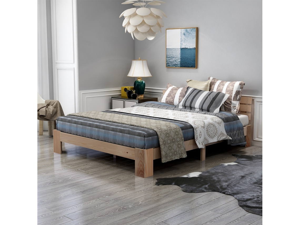 Cama Doble De Madera 200x140 Cm - Cama Maciza Con Cabecero, Estructura Y Somier De Láminas - Madera De Pino