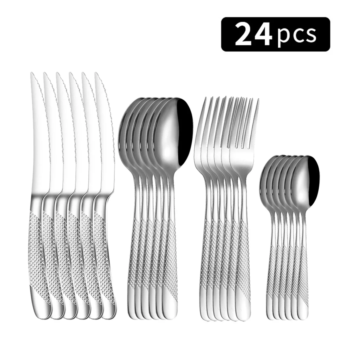 Juego de cubiertos de acero inoxidable plateado de alta calidad de 24 piezas. MDUG