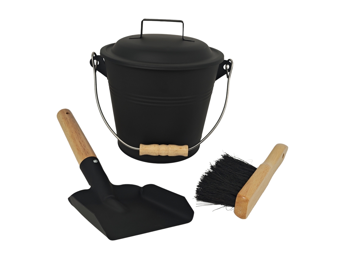 Relaxdays Balde Para Cinzas Com Tampa, 4,5 L, Incl. Vassoura De Cinzas Pá Para Lareira, Com Alça, Preto/natural