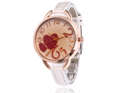 Reloj De Pulsera De Cuarzo Con Esfera Redonda Y Correa De Cuero Blanca Con Doble Corazón.