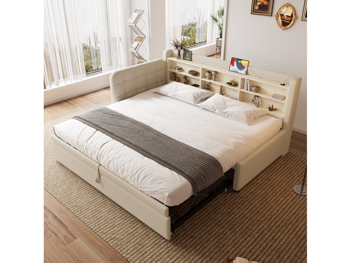 Sofá Cama De Lino Beige De 90x200 Cm, Convertible A 180x200 Cm, Con Usb-c.