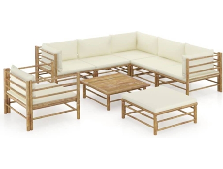 Conjunto 8 de muebles de jardín VIDAXL bambú y cojines blanco crema
