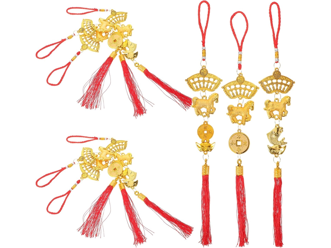 Decoraciones Colgantes Nuevo Chino 2026 9 Piezas Plástico Poliéster Pompones Dorados Rojos Interior Exterior