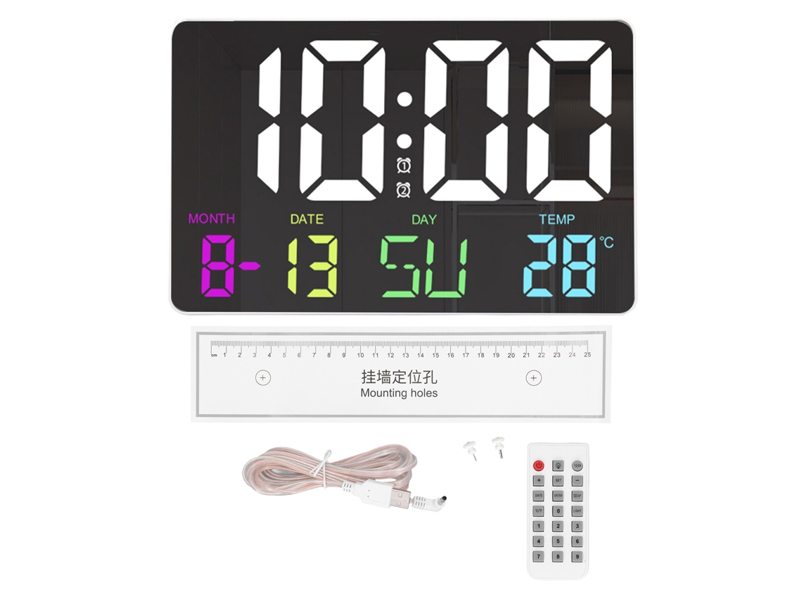 2026-reloj Digital De Pared Led Rgb Con Control Remoto, Brillo Ajustable, Calendario, Temperatura Y Alarma Grande Para Dormitorio Dc5v Blanco