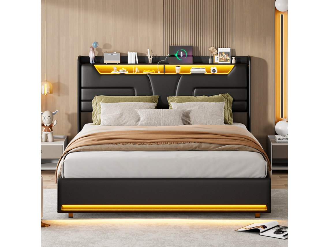 Cama De Matrimonio 140x200 Con Almacenaje Hidráulico Y Luces Led - Cama Tapizada Negra De Pu Con Cabecera Y Pie Iluminados Y Estación De Carga