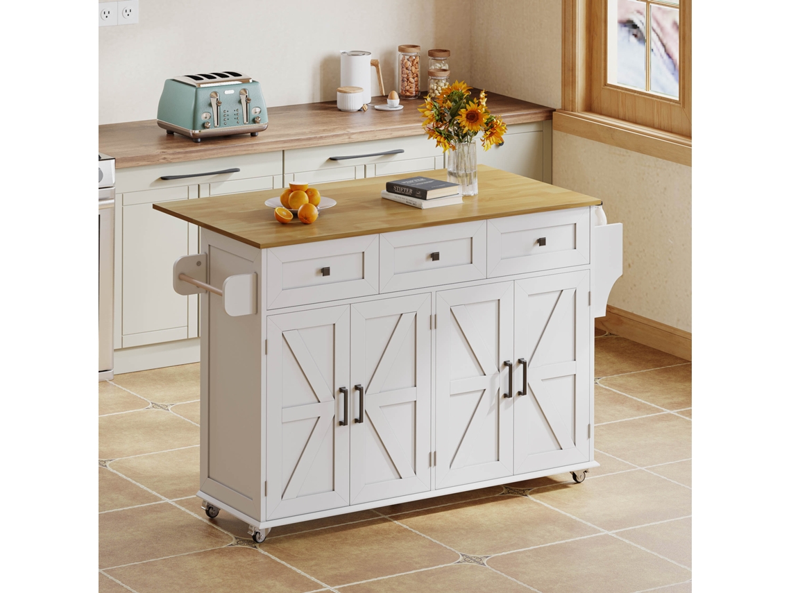 Isla De Cocina Con Encimera Plegable, 5 Ruedas, 4 Puertas, 3 Cajones, Estilo Rústico, Blanca, 140x70x91cm