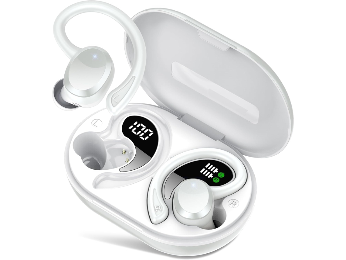 Auriculares Deportivos Blancos Bluetooth 5.4 68h Pantalla Led 4 Micrófonos Enc Ip7 Clips
