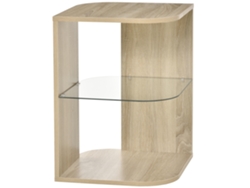 Mesa Auxiliar De Diseño Contemporáneo , Mesa Con Pedestal, Mesa De Centro Con Estante, Vidrio Templado, Madera Natural.