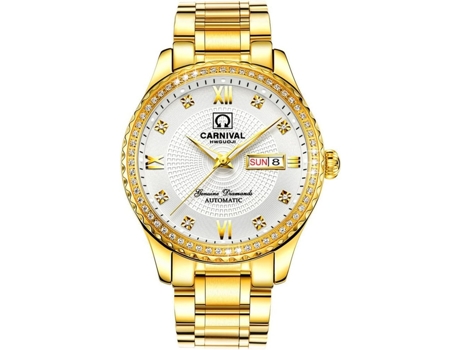 VEANXIN Relojes automáticos de oro para hombre Relojes semanales de oro y diamantes de acero inoxidable-Negro