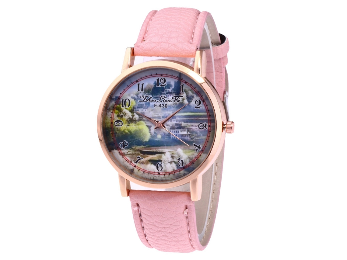 Reloj De Cuarzo De Moda Con Correa De Cuero Pu Dial Redondo Para Mujer (rosa)