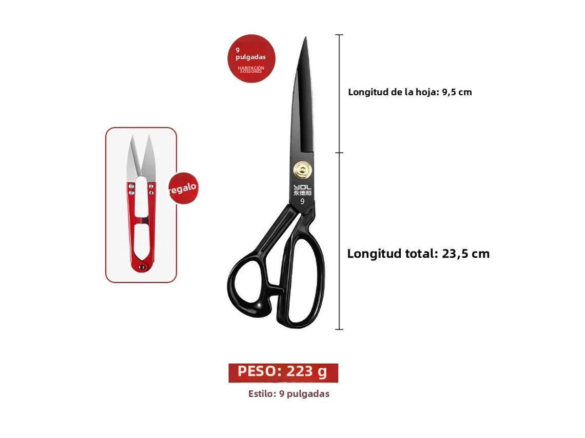 Tijeras de costura domésticas de acero inoxidable (9 pulgadas), tijeras profesionales para confección de ropa, tijeras de bordado.
