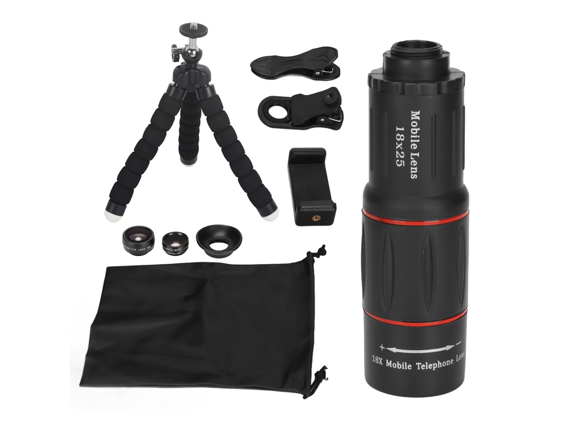 Kit De Lentes De Cámara 4 En 1 Para Teléfonos Móviles Con Teleobjetivo 18x, Ojo De Pez, Macro Y Gran Angular Para Smartphones, Tabletas Y Pc.