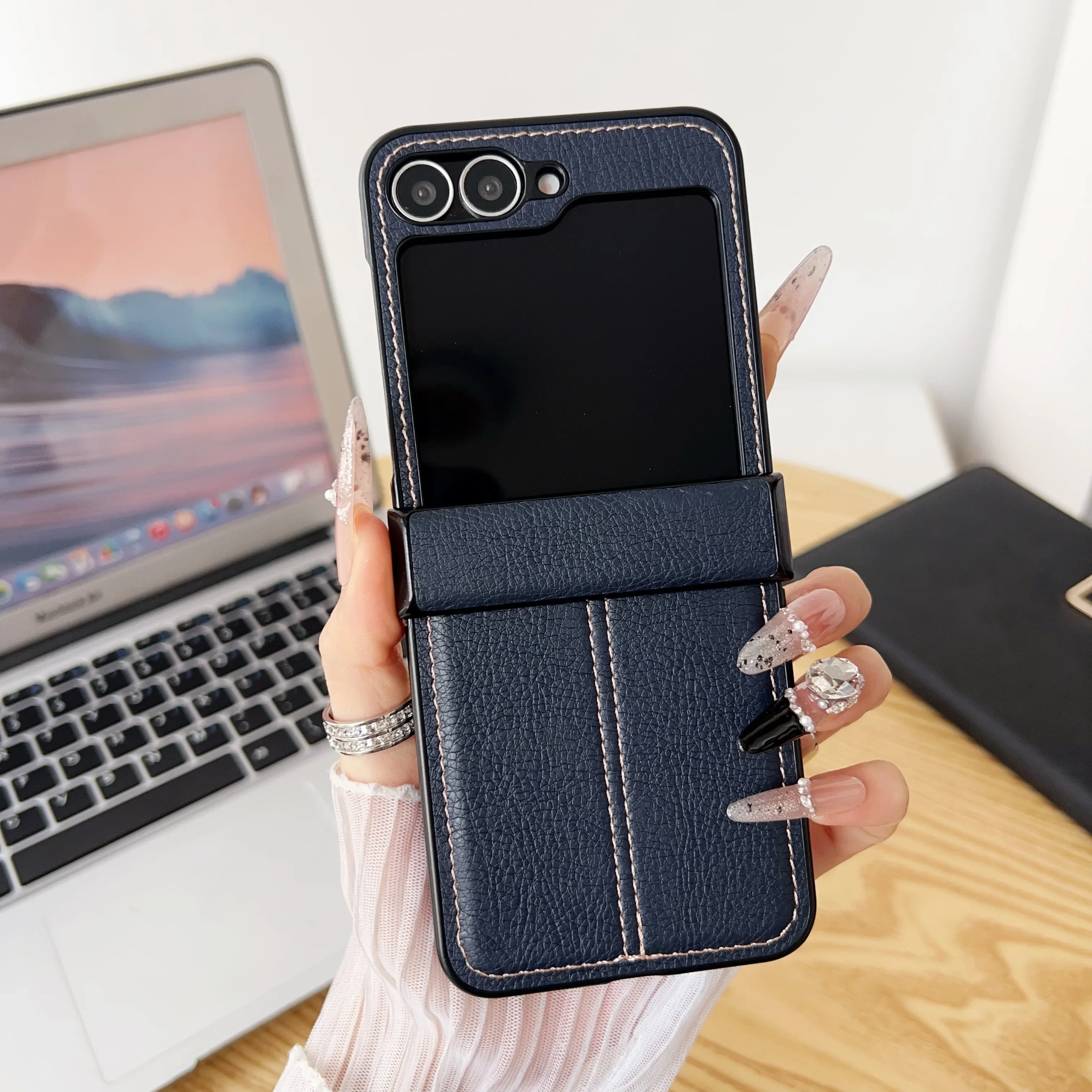 (azul, Galaxy Z Flip6) Funda Tipo Libro De Estilo Retro Para Negocios Con Textura De Cuero, Material Pu Resistente A Caídas.