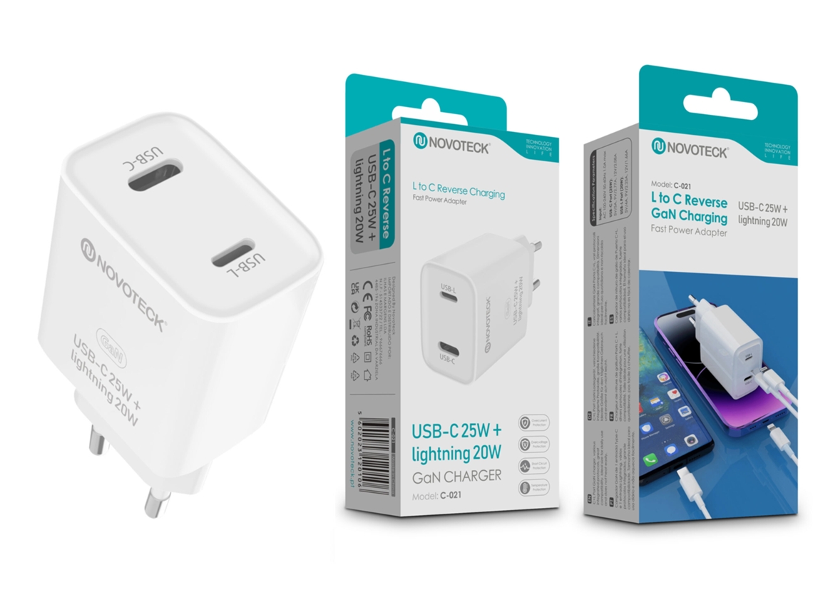 Cargador Gan Novoteck C-021 - USB-C 25W + Lightning 20W, tecnología PD