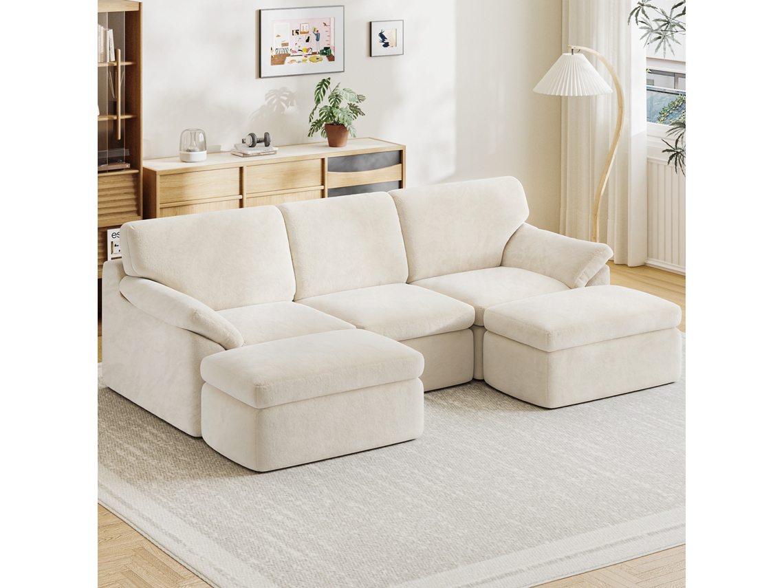 Sofá modular de 3 plazas en terciopelo de pana, Botifly. Sofá modular comprimido de 240 cm con 2 otomanas. No requiere montaje. Para salón, color beige.