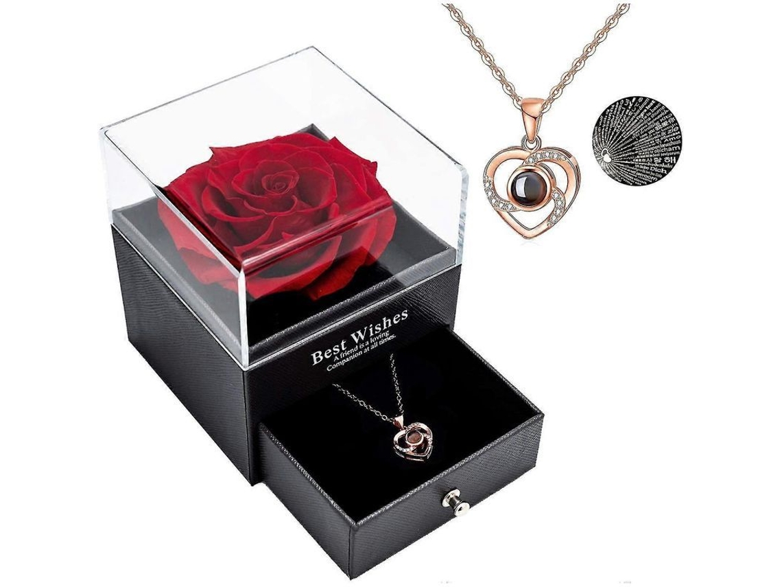 Set de regalo 2026: Collar con la inscripción "Te quiero" y una rosa natural preservada de color rojo intenso.