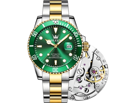 VEANXIN Reloj mecánico automático luminoso con esfera grande para hombre, resistente al agua, con mano grande y cuerda automática(Oro Verde)
