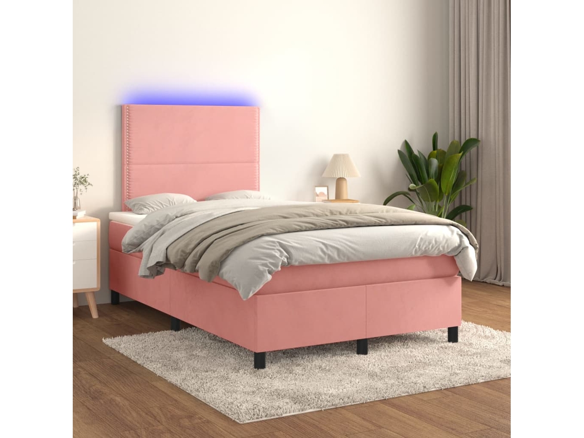 Cama Box Spring Colchón Y Led Terciopelo Rosa 120x200 Cm