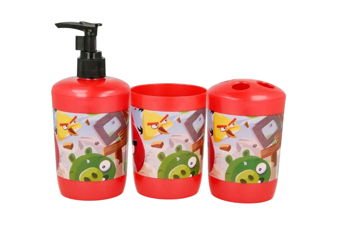 Juego de baño Inny de 3 piezas con dispensador de jabón y vaso rojo.