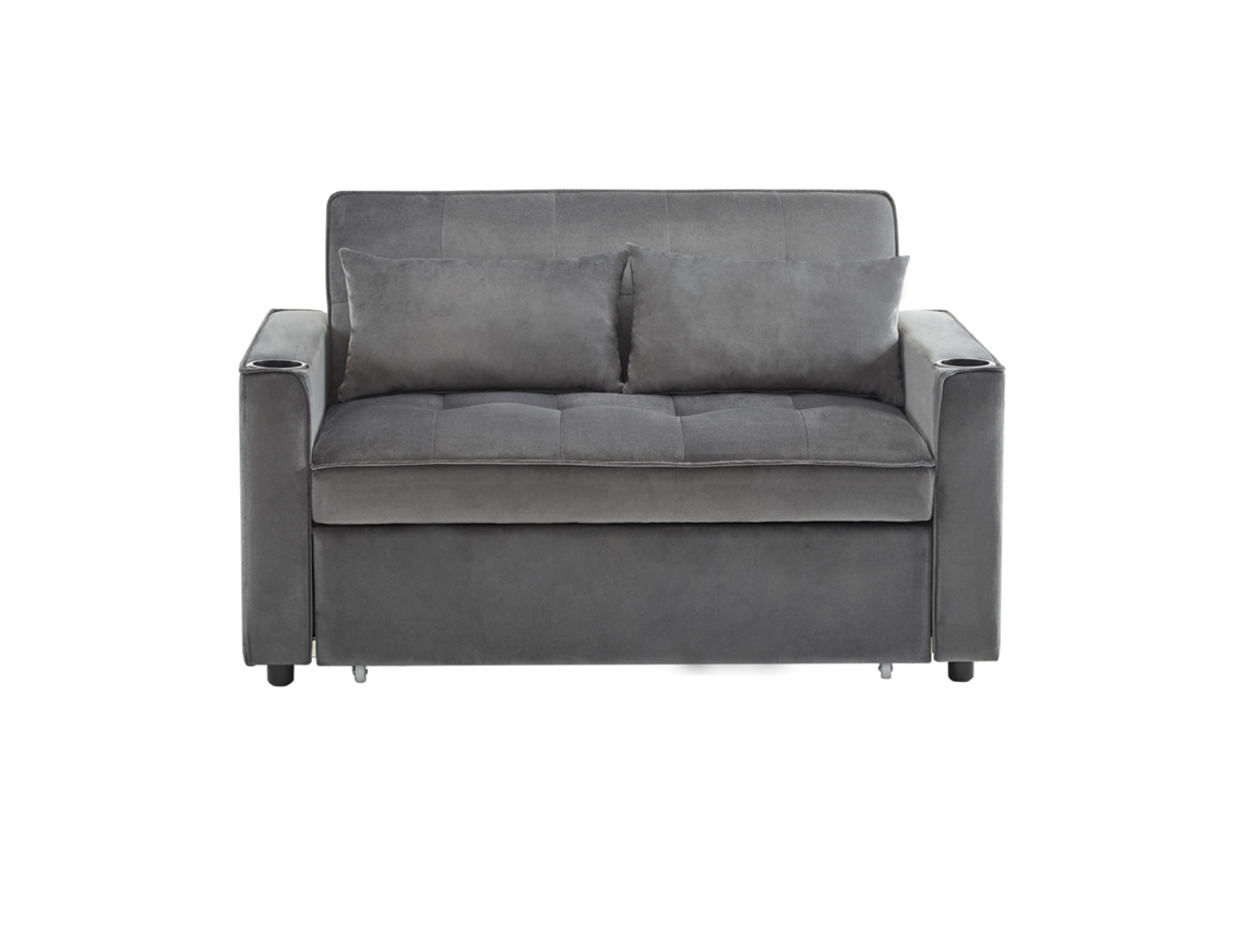 Sofá cama plegable Mobrio de 2 plazas, ajustable en varios ángulos, de terciopelo, con portavasos y cojines en gris