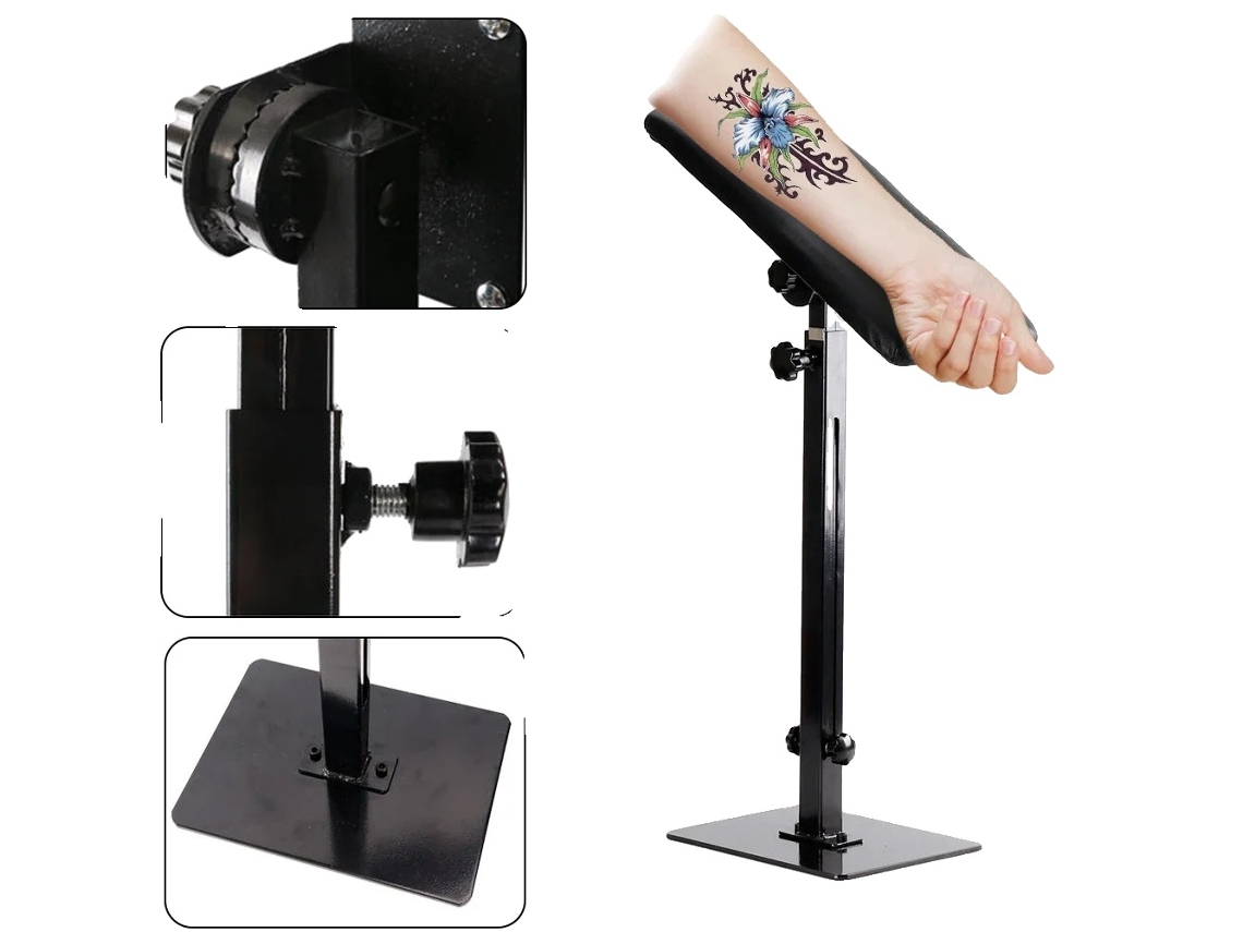 Soporte para tatuajes, altura ajustable, diseño portátil.