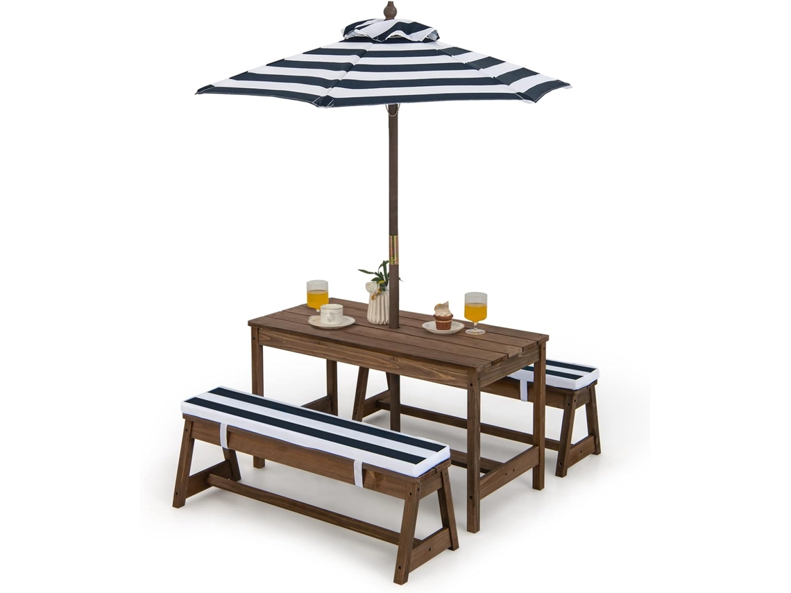 Juego de Mesa y 2 Bancos de Madera con Cojines y Sombrilla, Mesa de Picnic para Niños con Sombrilla COSTWAY
