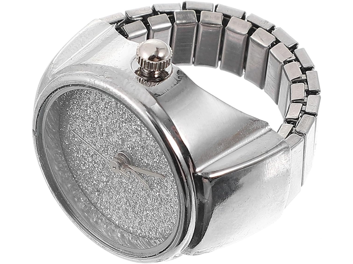 Anillo Pulsera Plateado Purpurina Mujer Correa Elástica Cuarzo Reloj Unisex Esfera Discreta Accesorio Fiestas