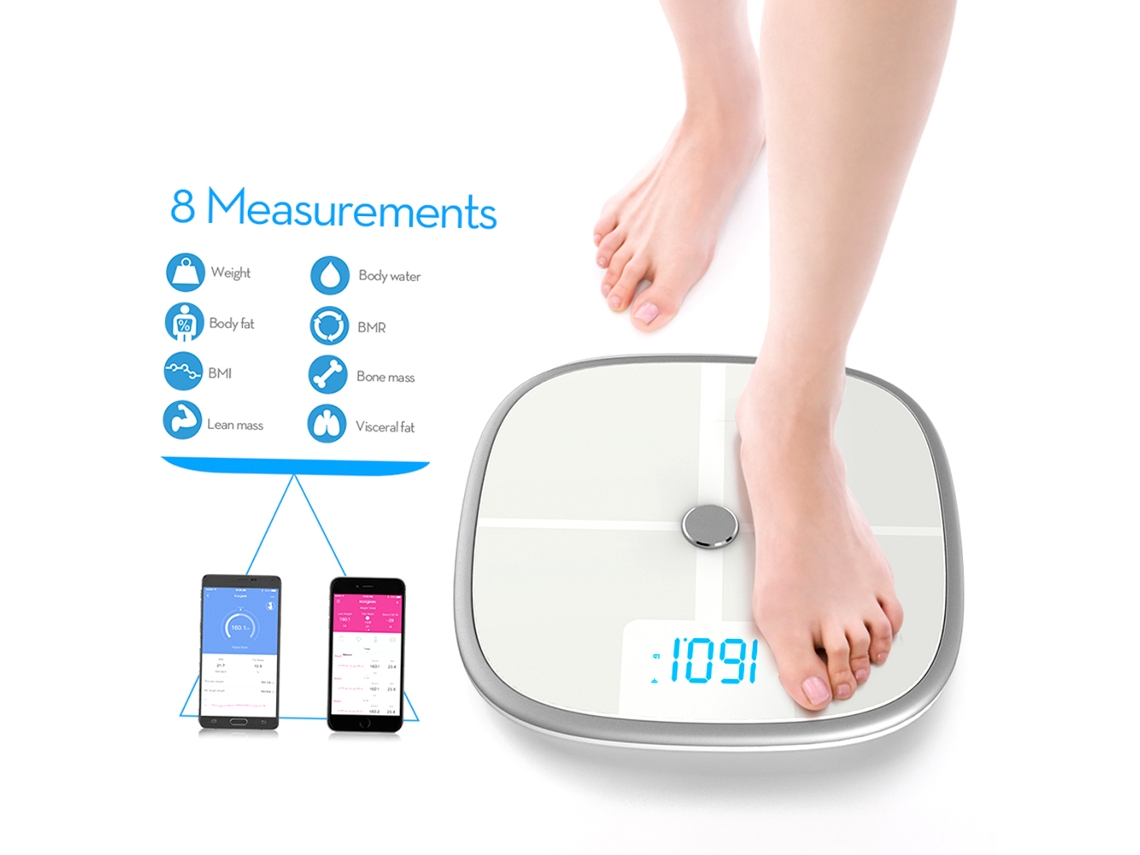 Báscula de salud inteligente Koogeek aprobada por la FDA con Bluetooth y sincronización Wi-Fi. Mide masa muscular, masa ósea, IMC y otros parámetros.