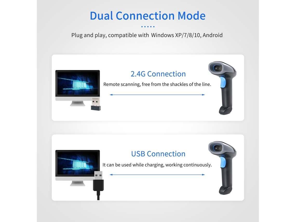 Escáner De Código De Barras 1d/2d/qr Inalámbrico 2.4g Y Usb Manos Libres Para Supermercados, Comercios Minoristas, Logística Y Almacenes.