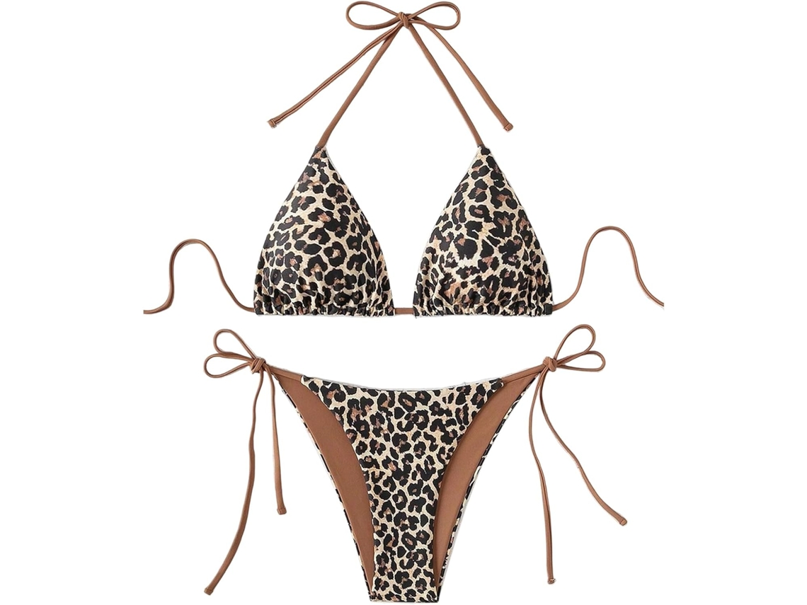 Traje De Baño Con Estampado De Leopardo Para Mujer, Bikini Push-up Sin Espalda Con Aberturas.