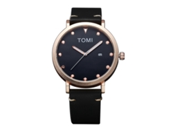 Pulsera para hombre Tomi aleación Correa Pu Dial redondo cuarzo negro reloj de oro