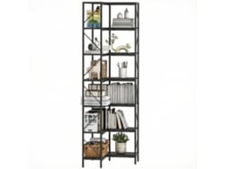 Librería esquinera con 7 baldas, estilo industrial, acabado en madera negra.