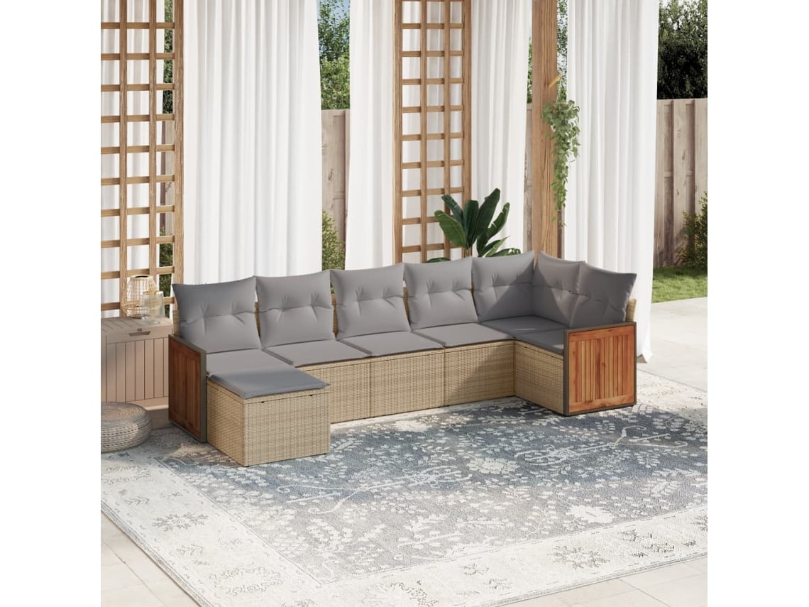 Conjunto de sofá de jardín de 7 piezas con cojines, mimbre sintético beige, Dkd Home Decor