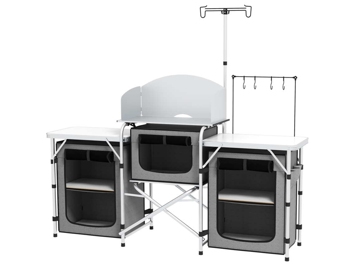 Armario de cocina plegable para camping con 3 encimeras, 4 ganchos, poste de luz y bolsa de transporte 172x48x130 cm Gris PMM CAPITALI