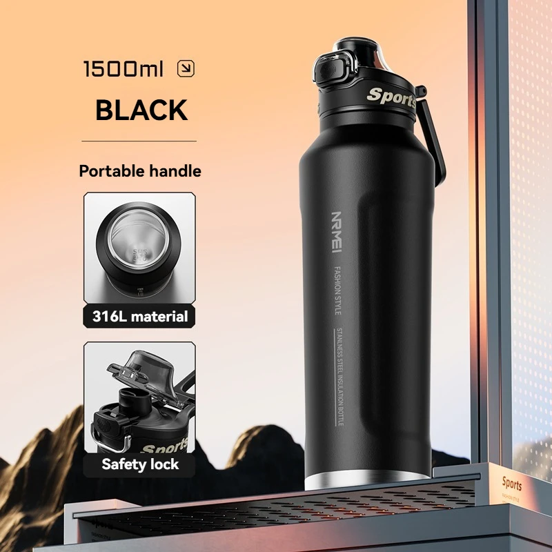 (negro, 1500 Ml) Botella De Agua Isotérmica, De Acero Inoxidable, Con Aislamiento Al Vacío De Doble Pared.